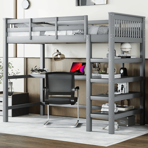 Cama alta 90x200 - Cama infantil com prateleiras e secretária baixa - Cinza Cama alta 90x200 - Cama infantil com prateleiras e secretária baixa - Cinza