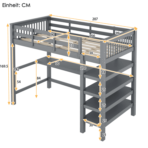 Cama alta 90x200 - Cama infantil com prateleiras e secretária baixa - Cinza Cama alta 90x200 - Cama infantil com prateleiras e secretária baixa - Cinza
