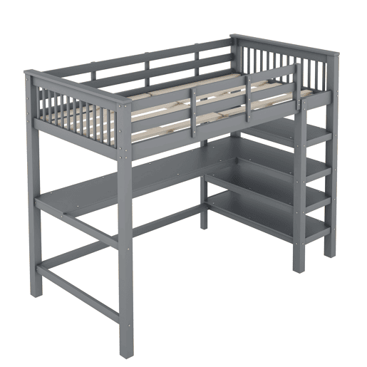 Cama alta 90x200 - Cama infantil com prateleiras e secretária baixa - Cinza Cama alta 90x200 - Cama infantil com prateleiras e secretária baixa - Cinza
