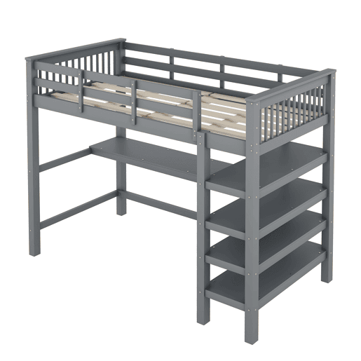 Cama alta 90x200 - Cama infantil com prateleiras e secretária baixa - Cinza Cama alta 90x200 - Cama infantil com prateleiras e secretária baixa - Cinza