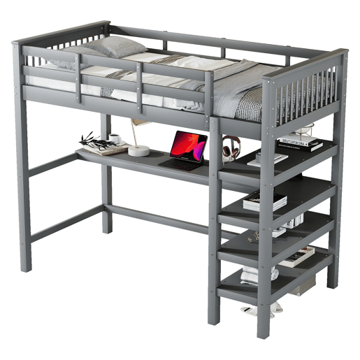 Cama alta 90x200 - Cama infantil com prateleiras e secretária baixa - Cinza Cama alta 90x200 - Cama infantil com prateleiras e secretária baixa - Cinza