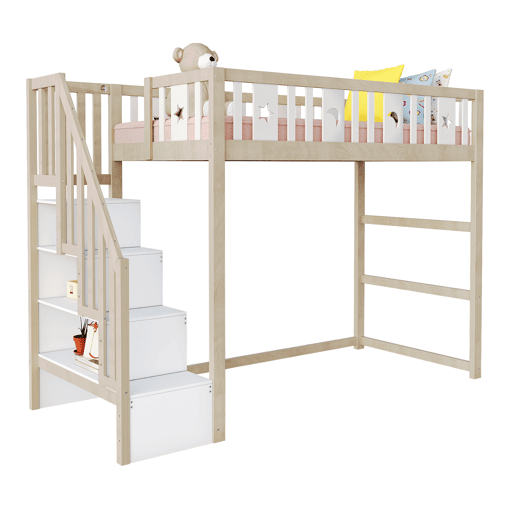 Cama alta infantil 90x200 - Com escada, cama individual em madeira maciça com grades de segurança, decoração com estrelas e lua - Natural e Branco