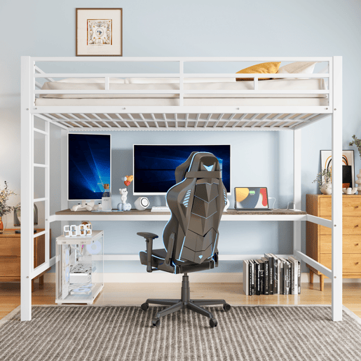 Cama alta 90*200 cm - Com grade, escada, mesa com USB e tomada, faixa de luz com controle por app, com LED, em conformidade com a norma EN747 - Branca