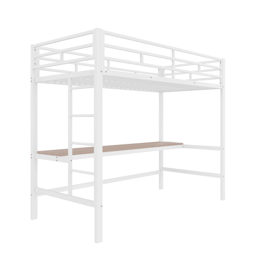 Cama alta 90*200 cm - Com grade, escada, mesa com USB e tomada, faixa de luz com controle por app, com LED, em conformidade com a norma EN747 - Branca