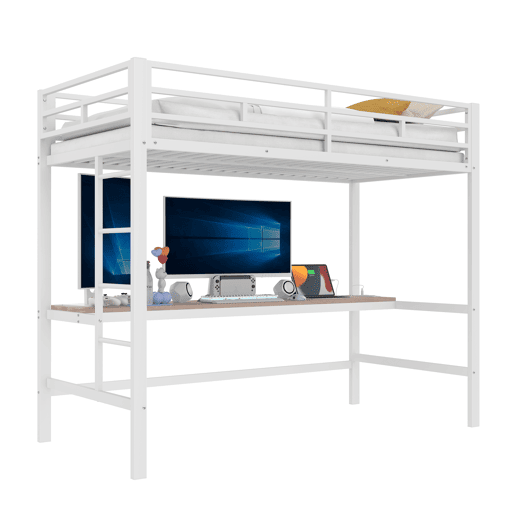 Cama alta 90*200 cm - Com grade, escada, mesa com USB e tomada, faixa de luz com controle por app, com LED, em conformidade com a norma EN747 - Branca