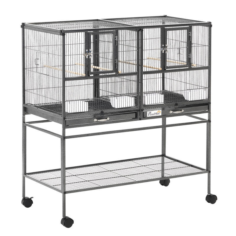 Pawhut jaula para pájaros grande con divisor, pajarera doble con ruedas, 4 comederos, 4 perchas, estante, 2 bandejas extraíbles, para periquitos, agapornis, canarios, 95x45,5x102 cm, gris