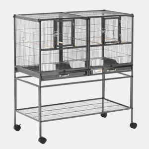 PawHut Gaiola Grande para Pássaros com Divisória, Pajarera Dupla com Rodas, 4 Alimentadores, 4 Poleiros, Prateleira, 2 Bandejas Removíveis, para Periquitos, Agapornis, Canários, 95x45,5x102 cm, Cinzento