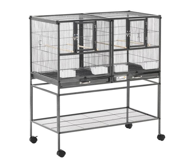 Pawhut jaula para pájaros grande con divisor, pajarera doble con ruedas, 4 comederos, 4 perchas, estante, 2 bandejas extraíbles, para periquitos, agapornis, canarios, 95x45,5x102 cm, gris