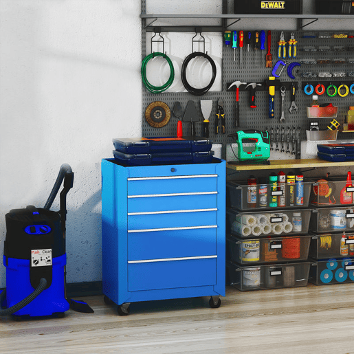 HOMCOM Carrinho de Ferramentas para Oficina com Rodas e 5 Gavetas Carrinho de Ferramentas com Fechadura e Alça Lateral 61,5x33x85 cm Azul