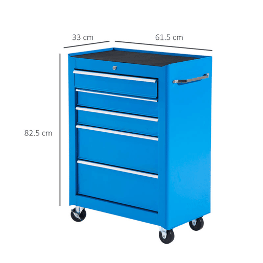 HOMCOM Carrinho de Ferramentas para Oficina com Rodas e 5 Gavetas Carrinho de Ferramentas com Fechadura e Alça Lateral 61,5x33x85 cm Azul