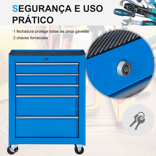 HOMCOM Carrinho de Ferramentas para Oficina com Rodas e 5 Gavetas Carrinho de Ferramentas com Fechadura e Alça Lateral 61,5x33x85 cm Azul