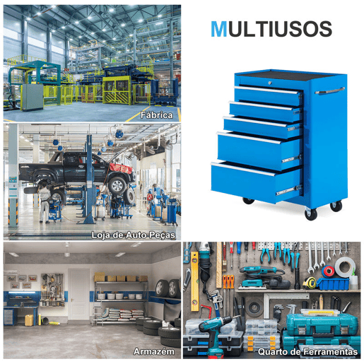 HOMCOM Carrinho de Ferramentas para Oficina com Rodas e 5 Gavetas Carrinho de Ferramentas com Fechadura e Alça Lateral 61,5x33x85 cm Azul