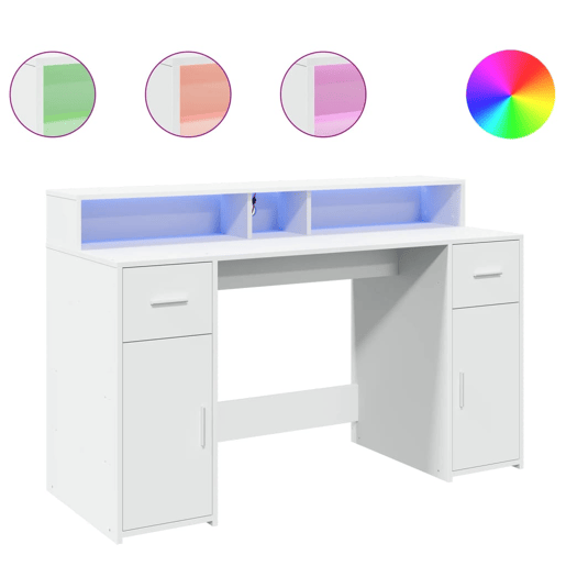 Secretária - Escrivaninha de computador c luzes LED 140x55x91 cm derivados madeira branco