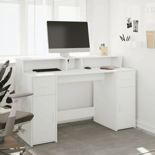Secretária - Escrivaninha de computador c luzes LED 140x55x91 cm derivados madeira branco