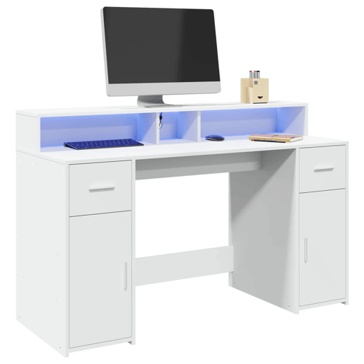 Secretária - Escrivaninha de computador c luzes LED 140x55x91 cm derivados madeira branco