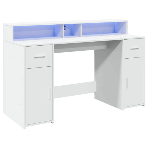 Secretária - Escrivaninha de computador c luzes LED 140x55x91 cm derivados madeira branco