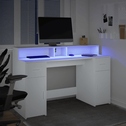 Secretária - Escrivaninha de computador c luzes LED 140x55x91 cm derivados madeira branco