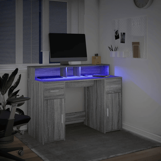 Secretária - Escrivaninha de computador luzes LED 120x55x91cm deriv. madeira cinzento sonoma