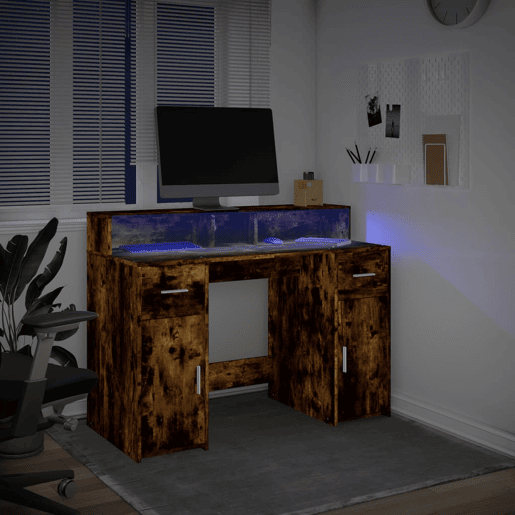Secretária - Escrivaninha de computador luzes LED 120x55x91cm deriv. madeira carvalho fumado