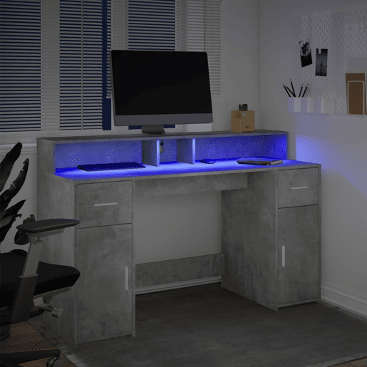 Secretária - Escrivaninha de computador luzes LED 140x55x91 cm deriv. madeira cinza cimento