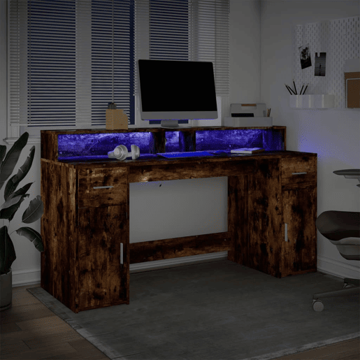 Secretária - Escrivaninha de computador luzes LED 160x55x91cm deriv. madeira carvalho fumado