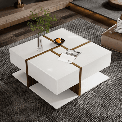 Mesa de centro quadrada branca brilhante com 4 gavetas e design geométrico 78x78x34,8 cm THURLUNS