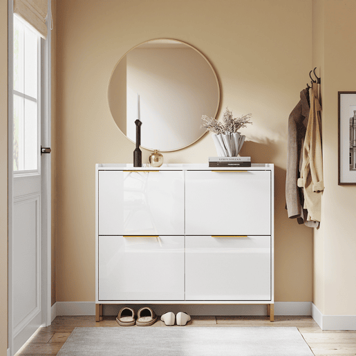 SoBuy Sapateira - Ultrafina, Profundidade 19 cm, Branco Brilhante e Dourado, Anti-tombamento, 100x19x90 cm, FSR206-GW