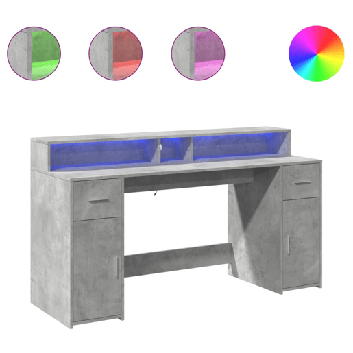 Secretária - Escrivaninha de computador luzes LED 160x55x91 cm deriv. madeira cinza cimento