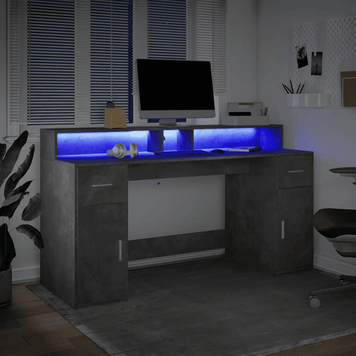 Secretária - Escrivaninha de computador luzes LED 160x55x91 cm deriv. madeira cinza cimento