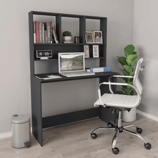 Secretária - Escrivaninha de computador com prateleiras 110x45x157 cm contraplacado cinzento