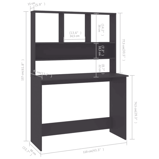 Secretária - Escrivaninha de computador com prateleiras 110x45x157 cm contraplacado cinzento