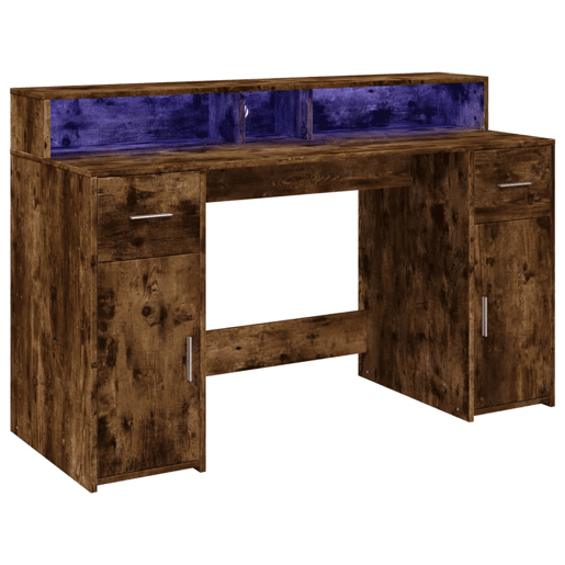 Secretária - Escrivaninha de computador luzes LED 140x55x91cm deriv. madeira carvalho fumado