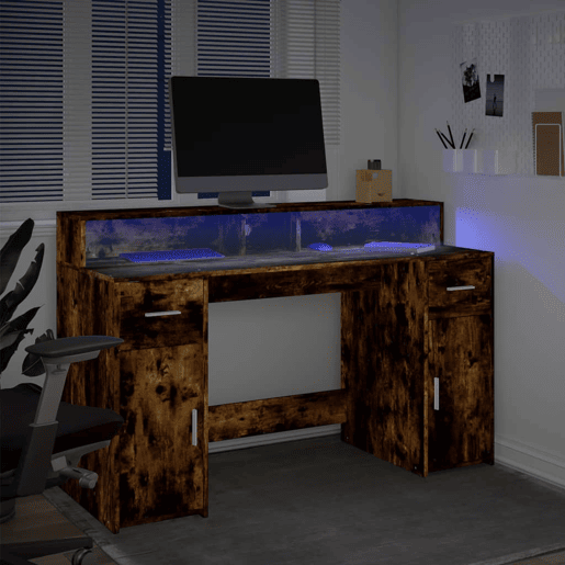Secretária - Escrivaninha de computador luzes LED 140x55x91cm deriv. madeira carvalho fumado