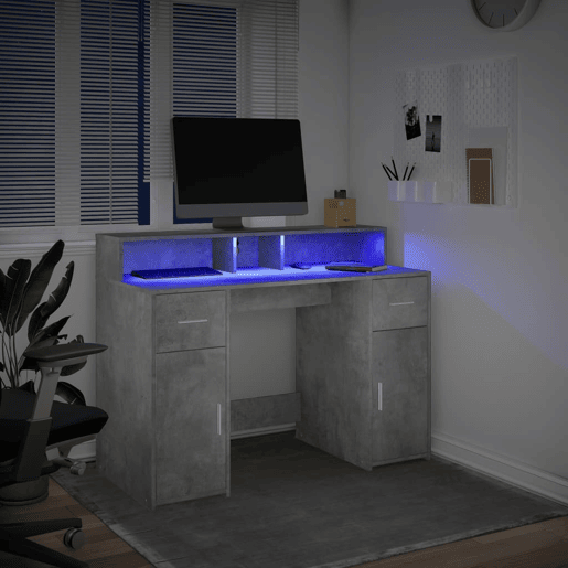 Secretária - Escrivaninha de computador luzes LED 120x55x91 cm deriv. madeira cinza cimento