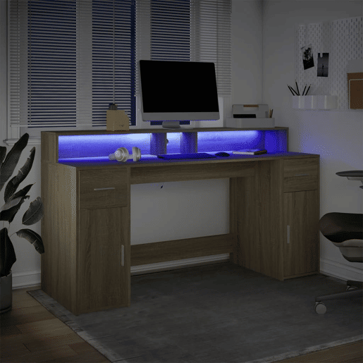 Secretária - Escrivaninha de computador luzes LED 160x55x91cm deriv. madeira carvalho sonoma