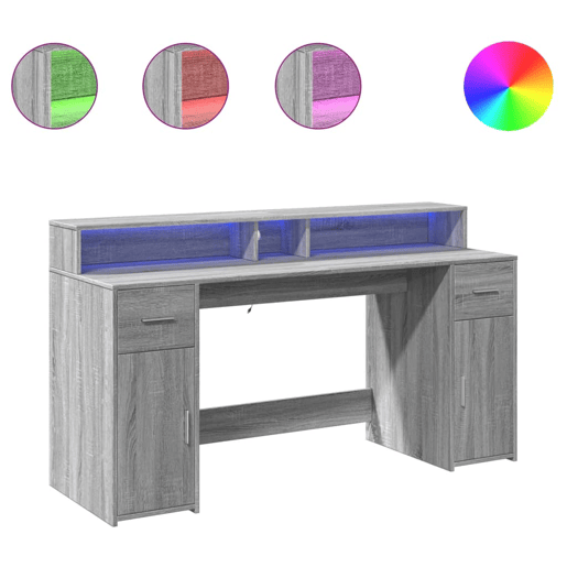 Secretária - Escrivaninha de computador luzes LED 160x55x91cm deriv. madeira cinzento sonoma
