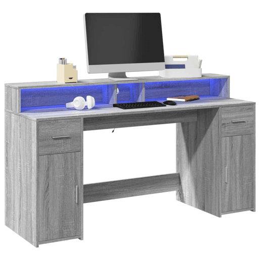 Secretária - Escrivaninha de computador luzes LED 160x55x91cm deriv. madeira cinzento sonoma