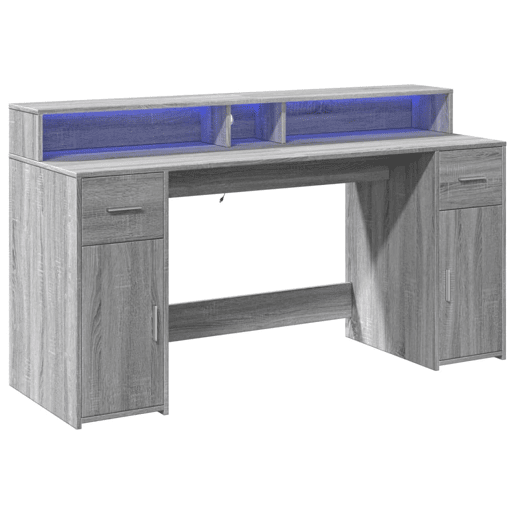 Secretária - Escrivaninha de computador luzes LED 160x55x91cm deriv. madeira cinzento sonoma