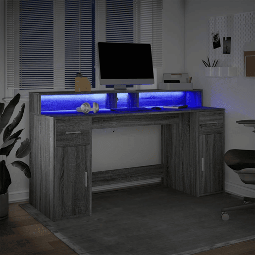 Secretária - Escrivaninha de computador luzes LED 160x55x91cm deriv. madeira cinzento sonoma
