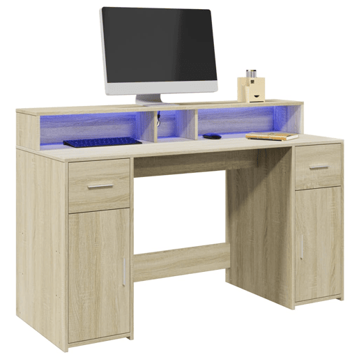 Secretária - Escrivaninha de computador luzes LED 140x55x91cm deriv. madeira carvalho sonoma