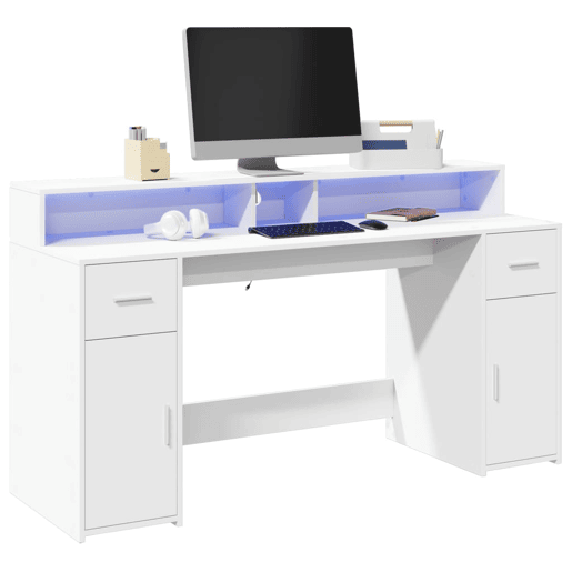 Secretária - Escrivaninha de computador c luzes LED 140x55x91cm derivados de madeira branco