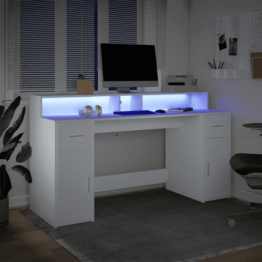 Secretária - Escrivaninha de computador c luzes LED 140x55x91cm derivados de madeira branco