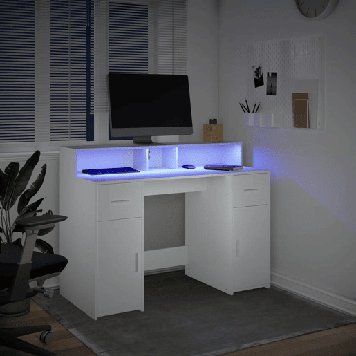 Secretária - Escrivaninha de computador c luzes LED 120x55x91cm derivados de madeira branco