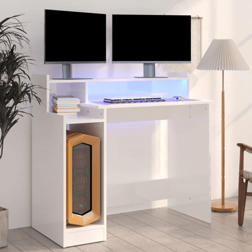 Secretária - Escrivaninha de computador c LED 97x45x90cm derivados madeira branco brilhante
