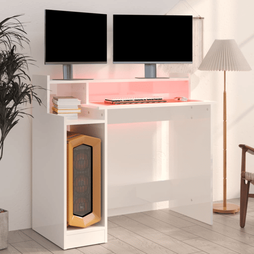 Secretária - Escrivaninha de computador c LED 97x45x90cm derivados madeira branco brilhante