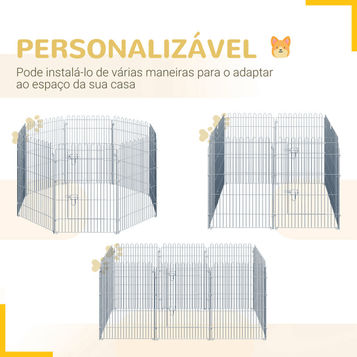 PawHut Parque para Animais de Estimação com 8 Paineis 63x76cm Cerca para Animais de Estimação com Porta com Trava para Jardim Pátio Exterior Prata