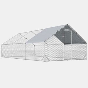 PawHut Galinheiro de Exterior Grande 3x6x2m Gaiola para 12-18 Galinhas de Aço Galvanizado com Teto de PE e Fechadura para Coelhos Prata