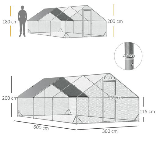 PawHut Galinheiro de Exterior Grande 3x6x2m Gaiola para 12-18 Galinhas de Aço Galvanizado com Teto de PE e Fechadura para Coelhos Prata