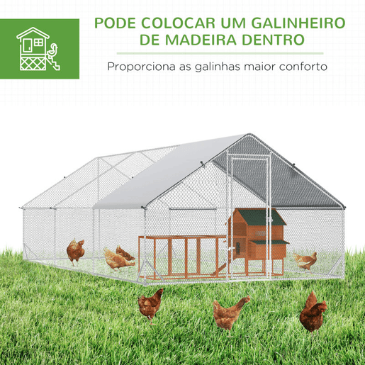 PawHut Galinheiro de Exterior Grande 3x6x2m Gaiola para 12-18 Galinhas de Aço Galvanizado com Teto de PE e Fechadura para Coelhos Prata