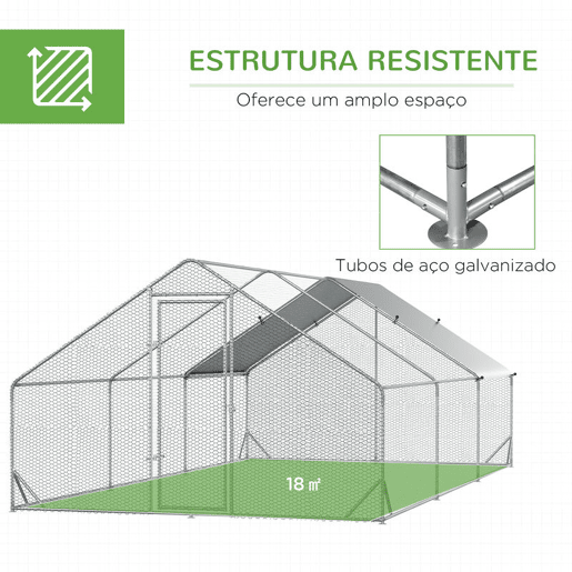 PawHut Galinheiro de Exterior Grande 3x6x2m Gaiola para 12-18 Galinhas de Aço Galvanizado com Teto de PE e Fechadura para Coelhos Prata